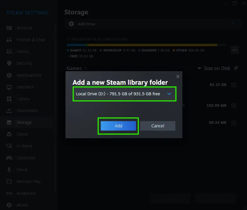 انتخاب درایو مورد نظر برای اضافه کردن پوشه STEAM LIBRARY