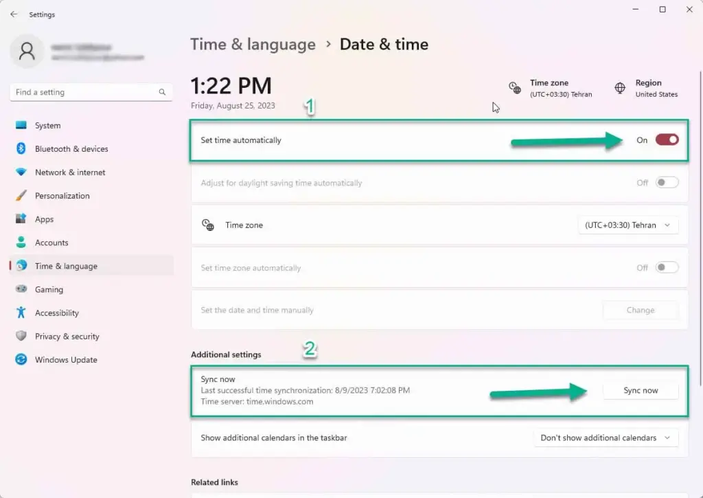 تنظیم ساعت ویندوز را اتوماتیک کنید و بعد سینک را بزنید